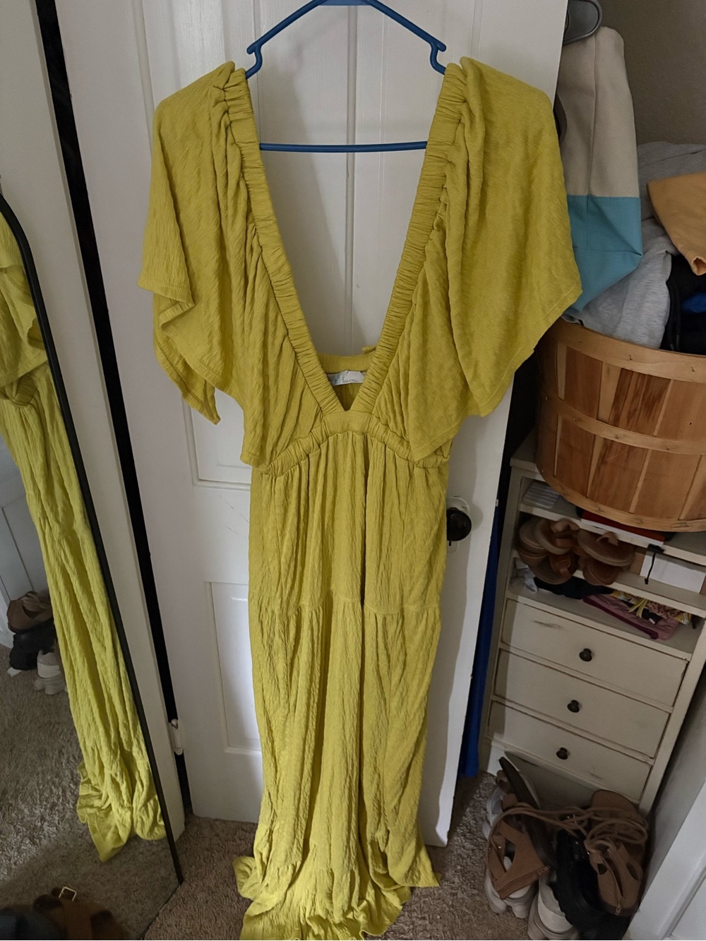 Free People Chartreuse V-Neck Flutter Sleeve Maxi Dress